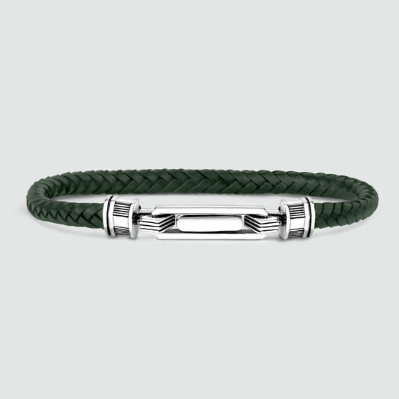 Rayhan - Braided Green Leather Bracelet with Sterling Silver 5.5mm - Front View - NineTwoFive