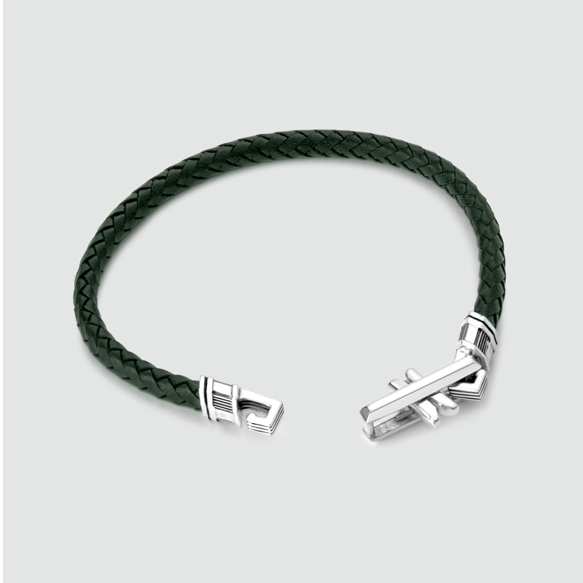 Rayhan - Braided Green Leather Bracelet with Sterling Silver 5.5mm - Top Angle View - NineTwoFive