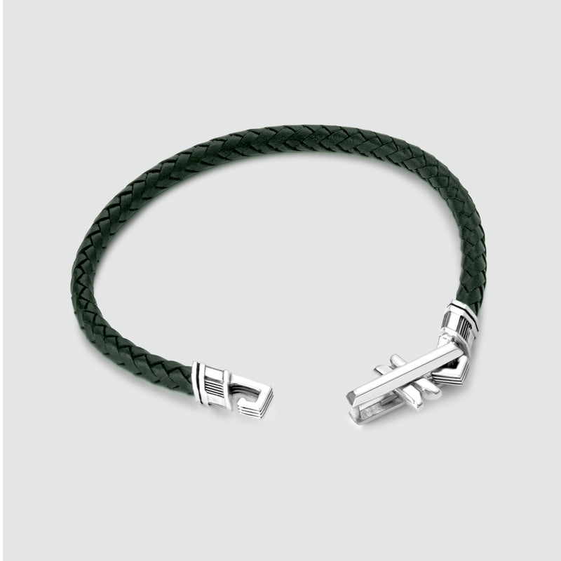 Rayhan - Braided Green Leather Bracelet with Sterling Silver 5.5mm - Top Angle View - NineTwoFive
