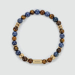 Top view of the Halloween Treat bracelet with tiger eye, blue lace agate and gold-coloured spacer beads
