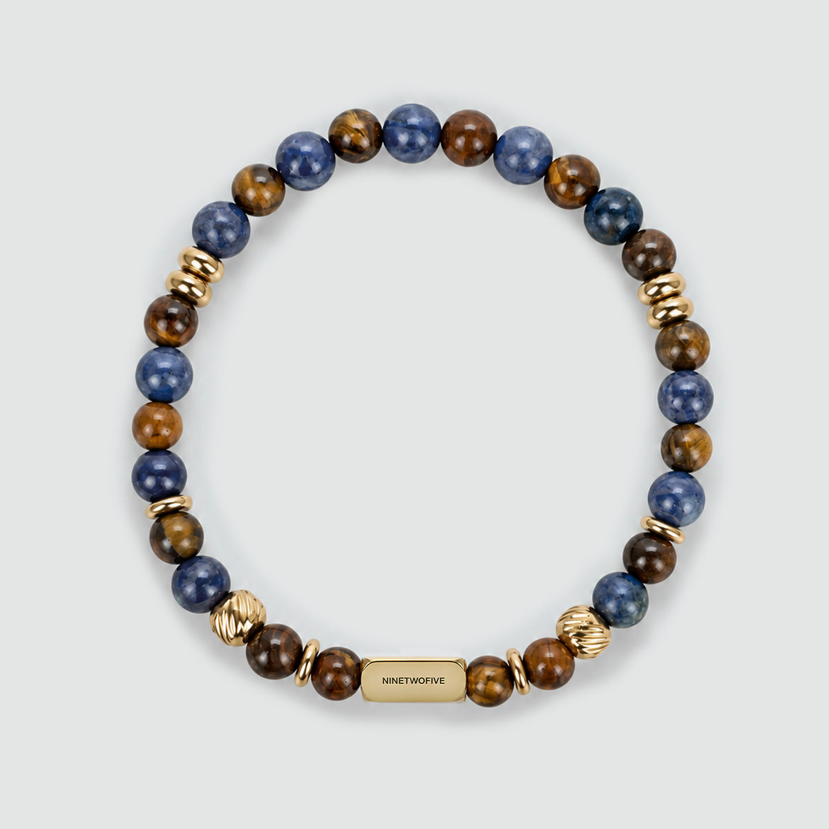 Top view of the Halloween Treat bracelet with tiger eye, blue lace agate and gold-coloured spacer beads