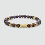 Halloween Treat beaded bracelet in tiger eye and blue lace agate with a gold-coloured NineTwoFive bar, front view