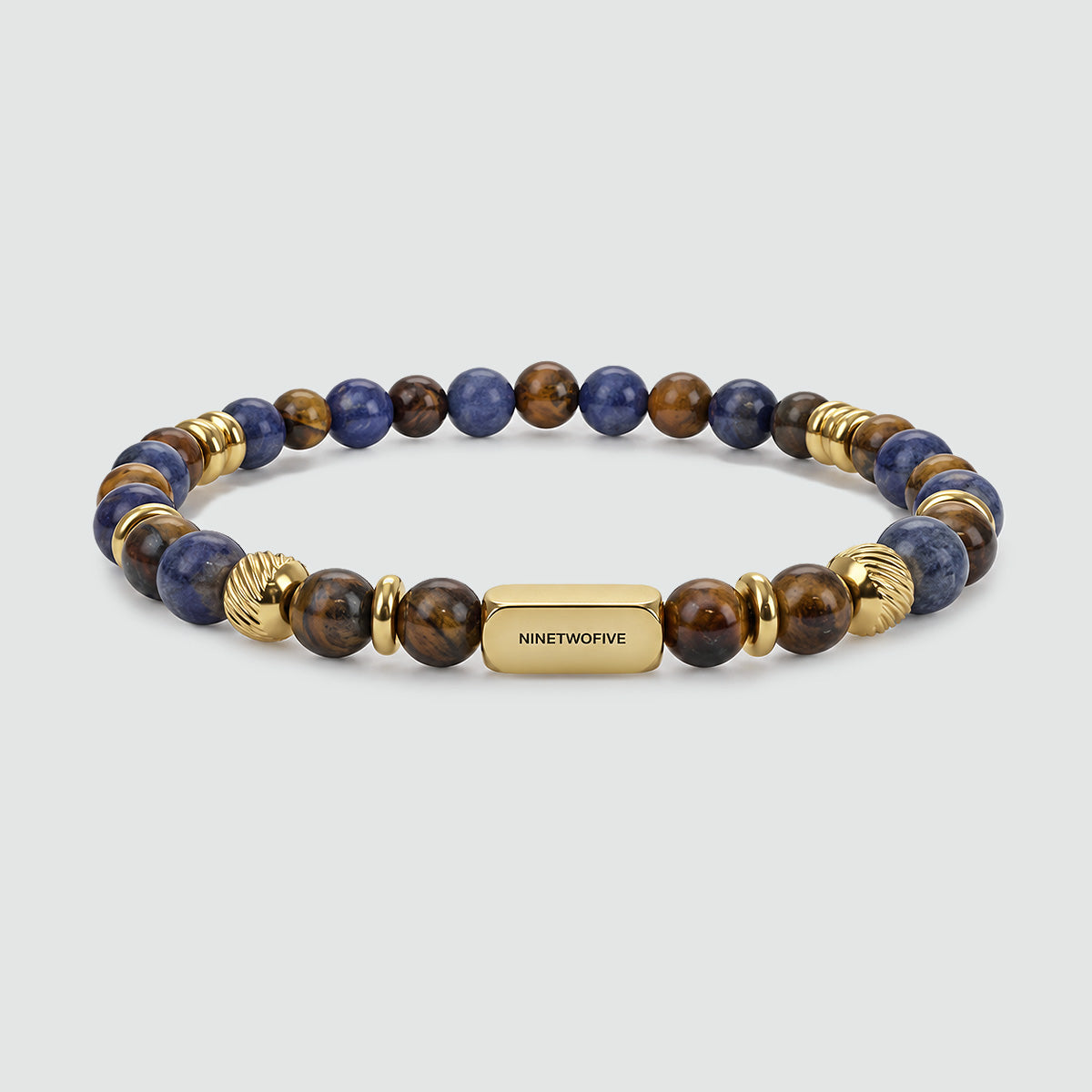 Halloween Treat beaded bracelet in tiger eye and blue lace agate with a gold-coloured NineTwoFive bar, front view