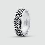 A silver band ring featuring a textured, woven outer pattern and a smooth, polished inner band engraved with the words 'I love you', shown on a light gray background.