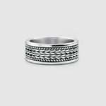 hidan sterling silver spinner ring mens trends Ninetwofive with braided center detail on white background.