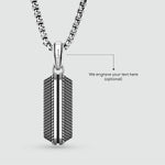 Engraved detail of Kaliq oxidised sterling silver pendant for personalised jewellery by Ninetwofive.