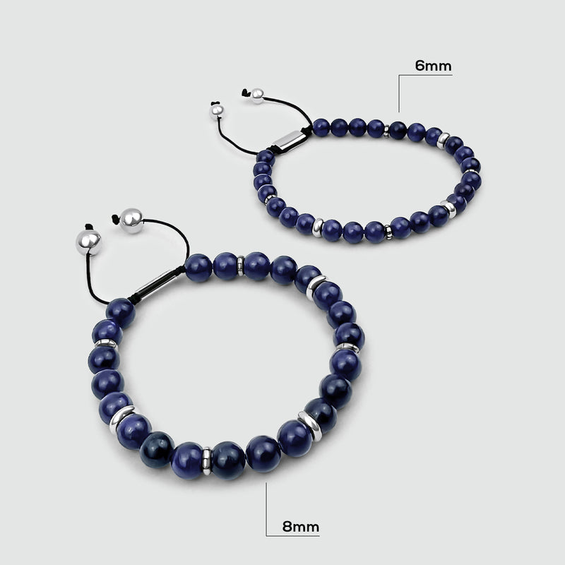 Pair of Kadar blue beaded bracelet by Ninetwofive shows size difference of the jewellery.
