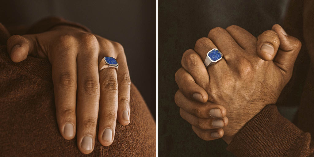 Two pictures of a man wearing a ring with a blue stone.