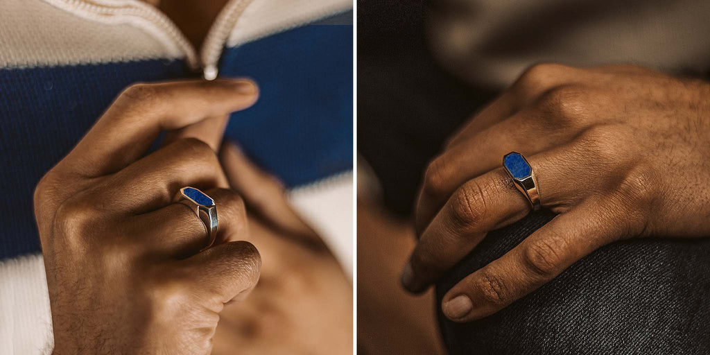 Two pictures of a man wearing a ring with a blue stone.