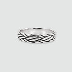 Latif sterling silver braided ring, front view of the polished strands with oxidised detailing