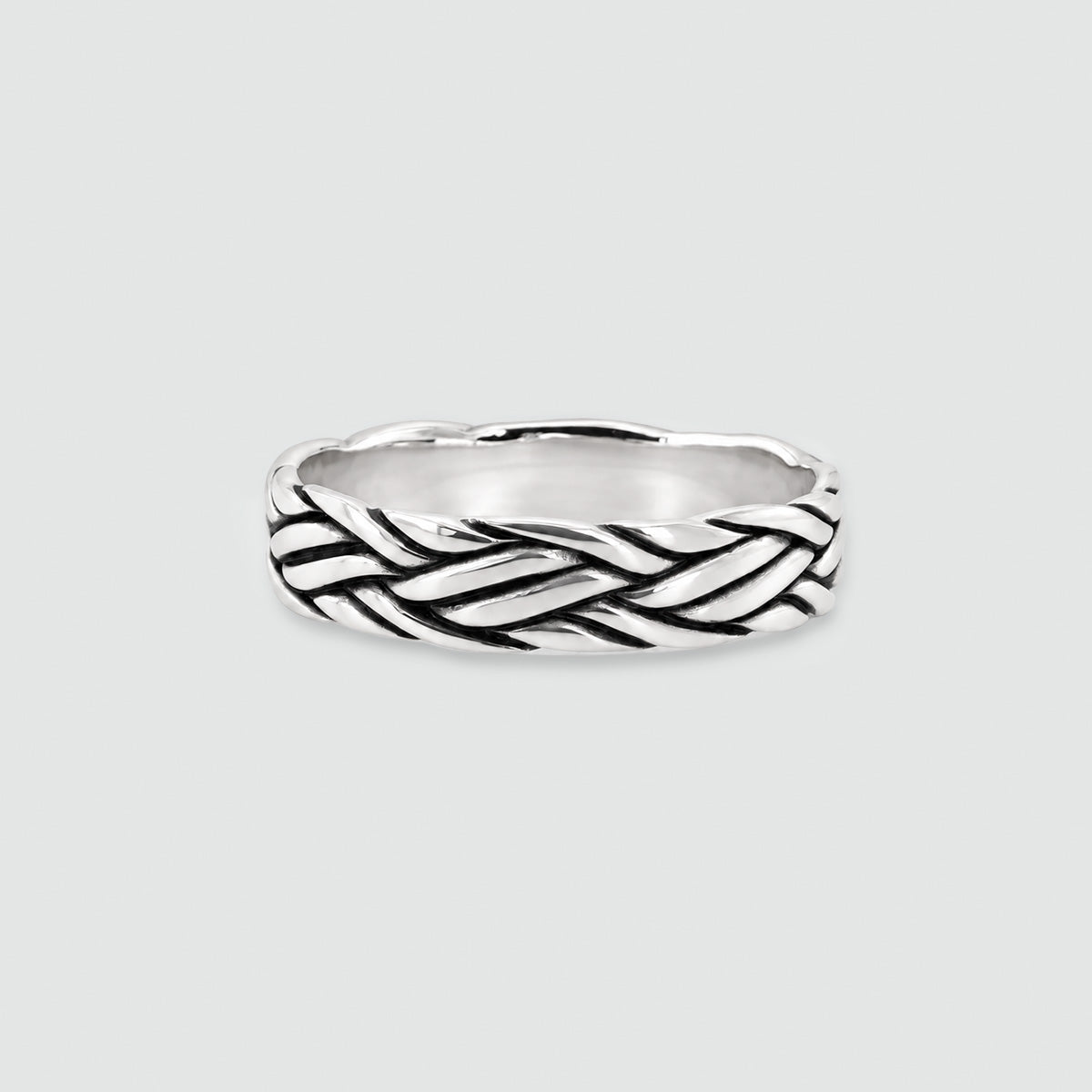 Latif sterling silver braided ring, front view of the polished strands with oxidised detailing