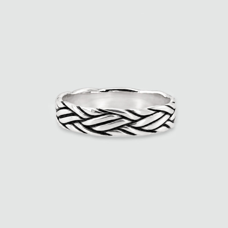 Latif sterling silver braided ring, front view of the polished strands with oxidised detailing