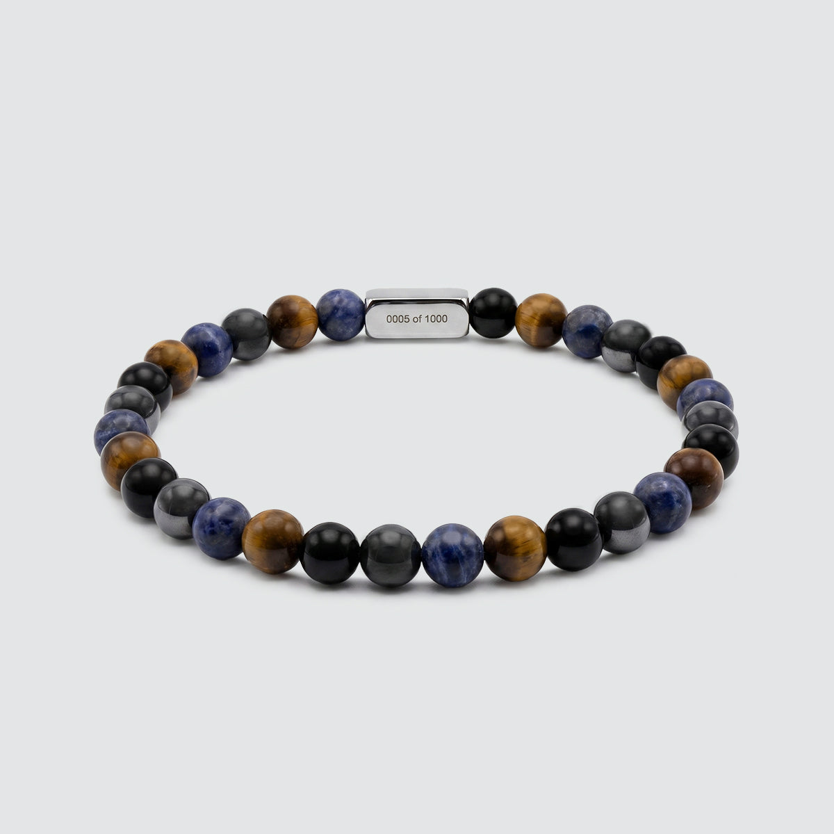 Limited edition men’s bracelet featuring tiger eye, black agate and blue stone beads