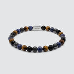 Limited edition men’s bracelet featuring tiger eye, black agate and blue stone beads