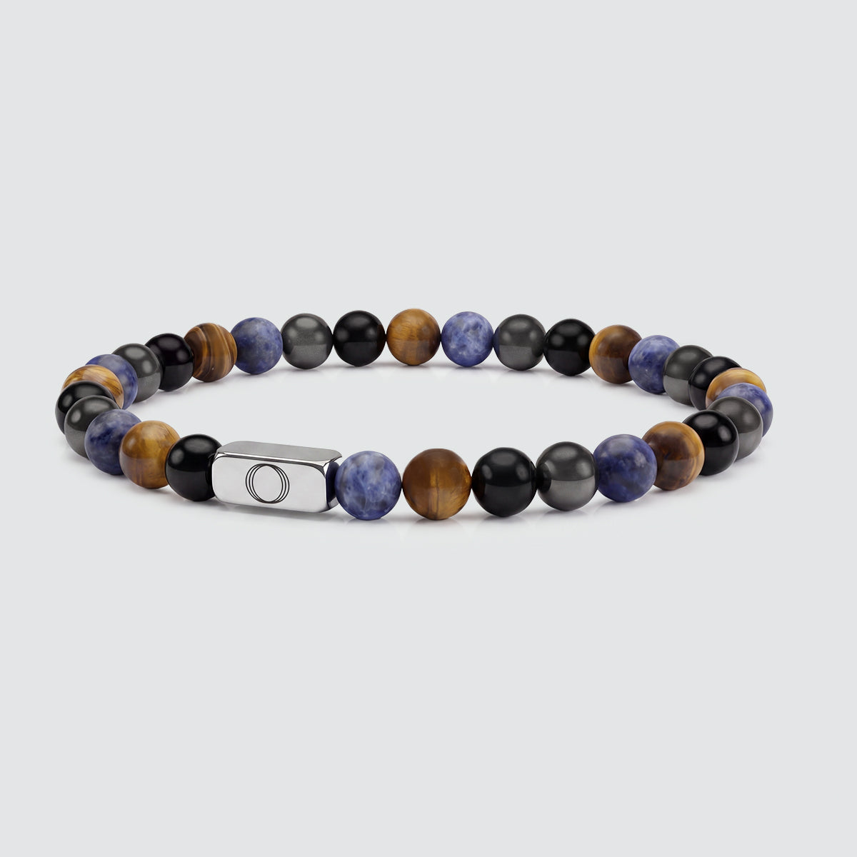Men’s beaded bracelet with natural blue lace agate stones and stainless steel cube detail