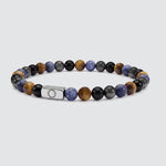 Men’s beaded bracelet with natural blue lace agate stones and stainless steel cube detail