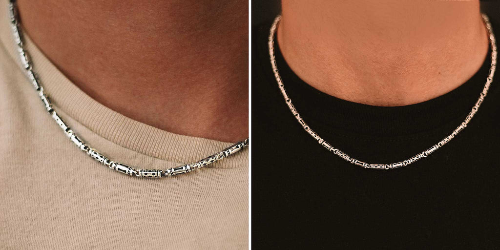 Two pictures of a man wearing a silver necklace.