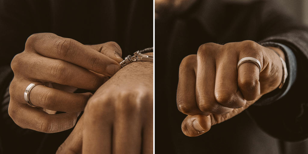 Twee foto's van een man met een ring om zijn vinger.