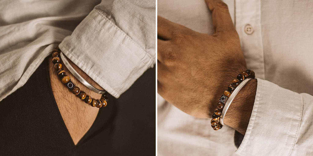 Two pictures of a man wearing a tiger eye bracelet.