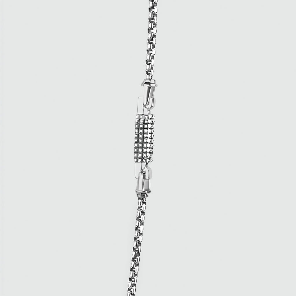 A handmade Kamal - Sterling Silver Box Chain Necklace 3mm with a small square on it.