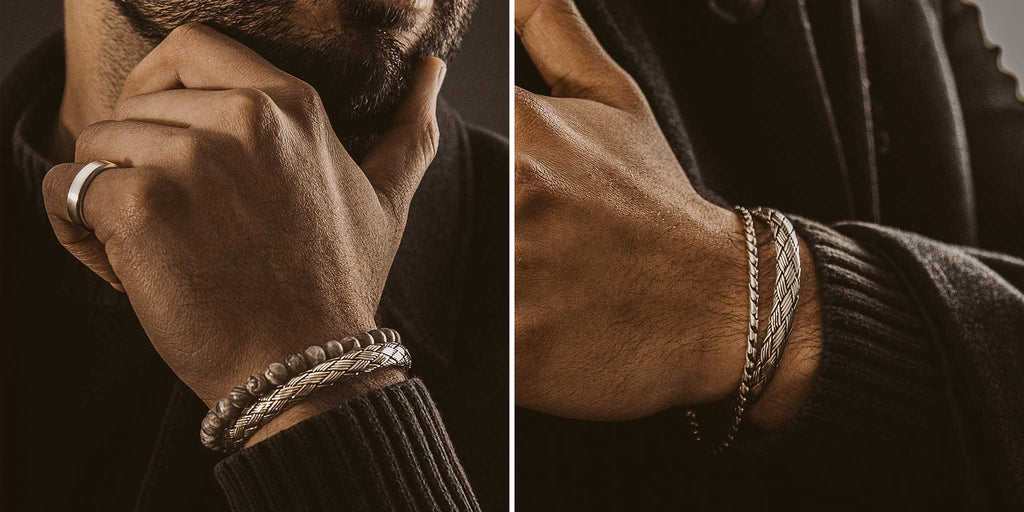 Zwei Bilder eines Mannes, der ein Armband trägt.