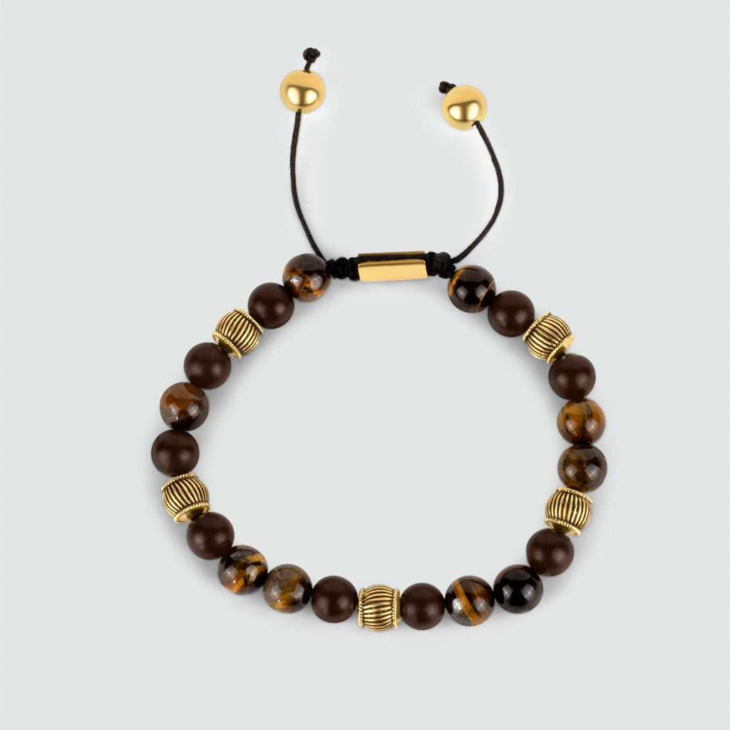 A Kaliq - Bracelet réglable en perles d'oeil de tigre en or 8mm avec des perles d'oeil de tigre et des perles d'or en or 18k lié massif argent.