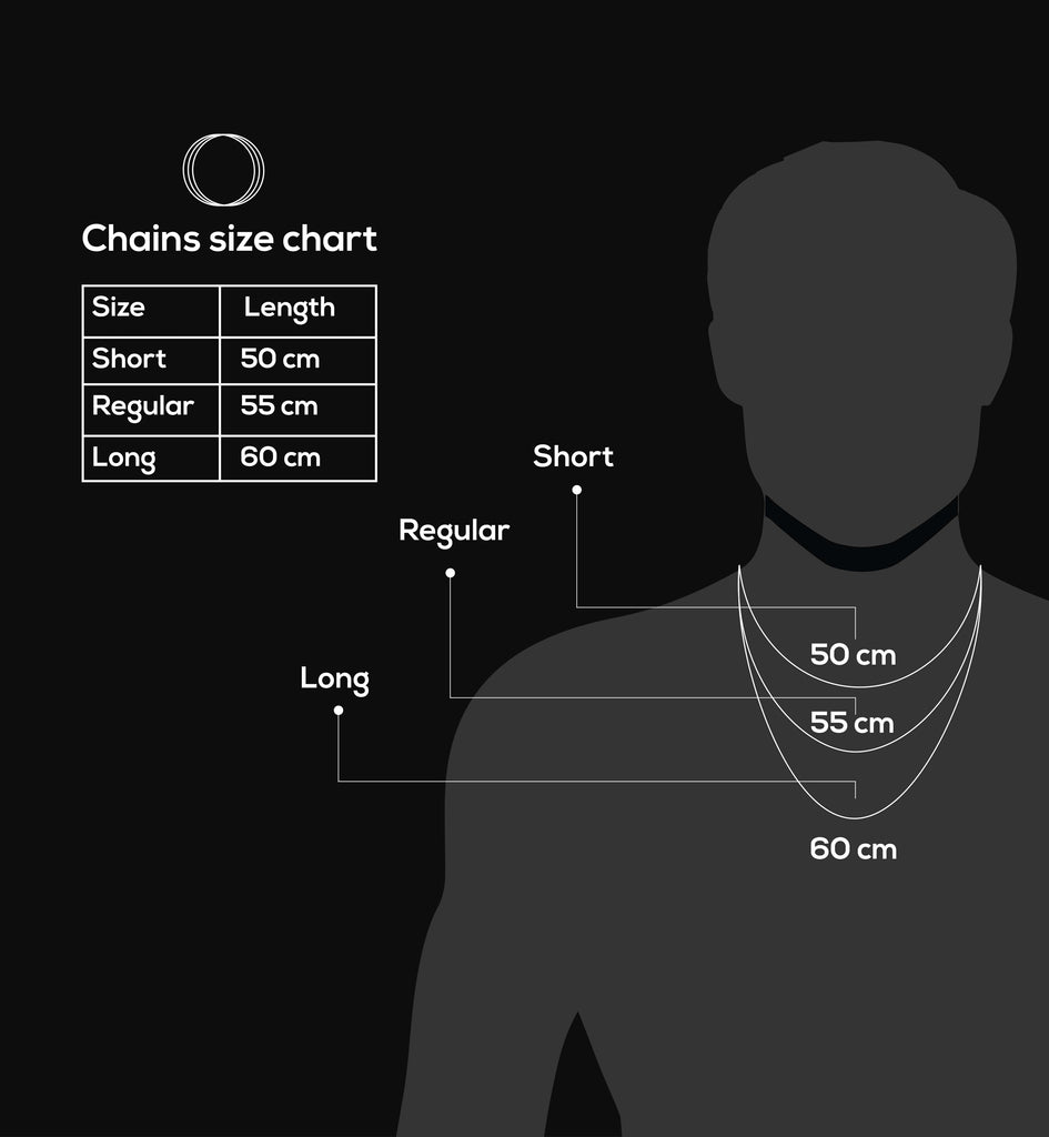 Een zwart-wit afbeelding van de grootte van de halsketting van een man.