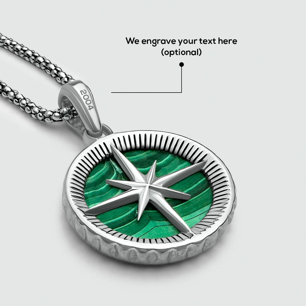 mens engraved safar malachite pendant top view. Your personalised jewellery.
