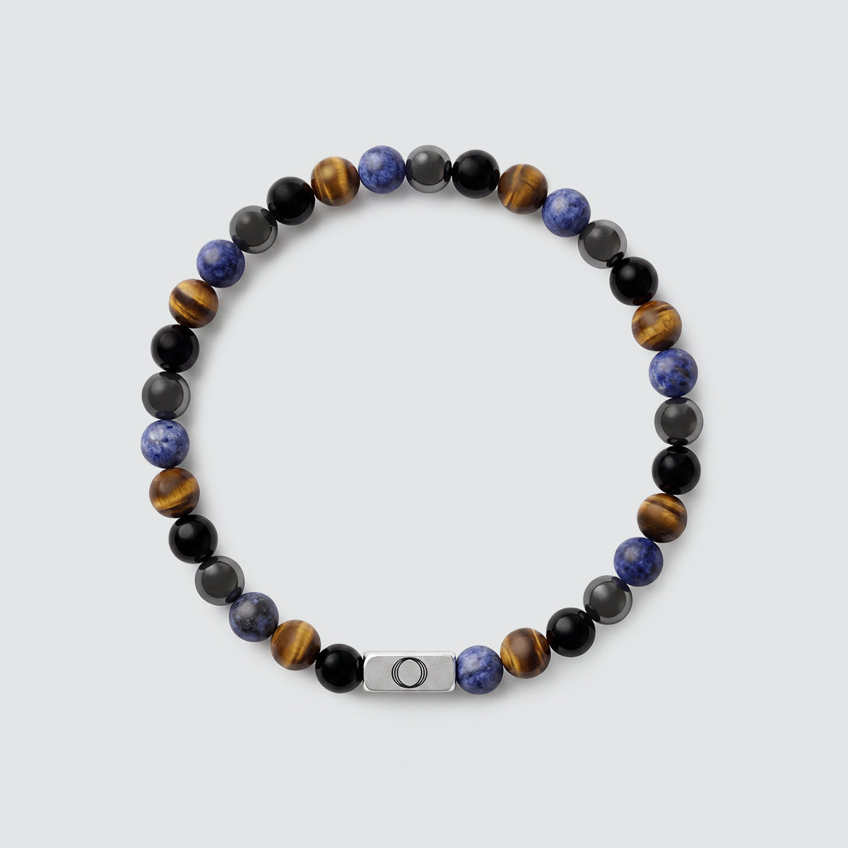 Elastic gemstone bracelet for men with stainless steel centrepiece and mixed natural stones