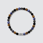 Elastic gemstone bracelet for men with stainless steel centrepiece and mixed natural stones