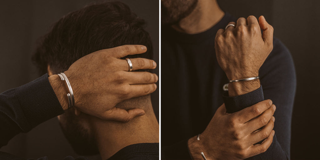 Two pictures of a man wearing a cuff bracelet.