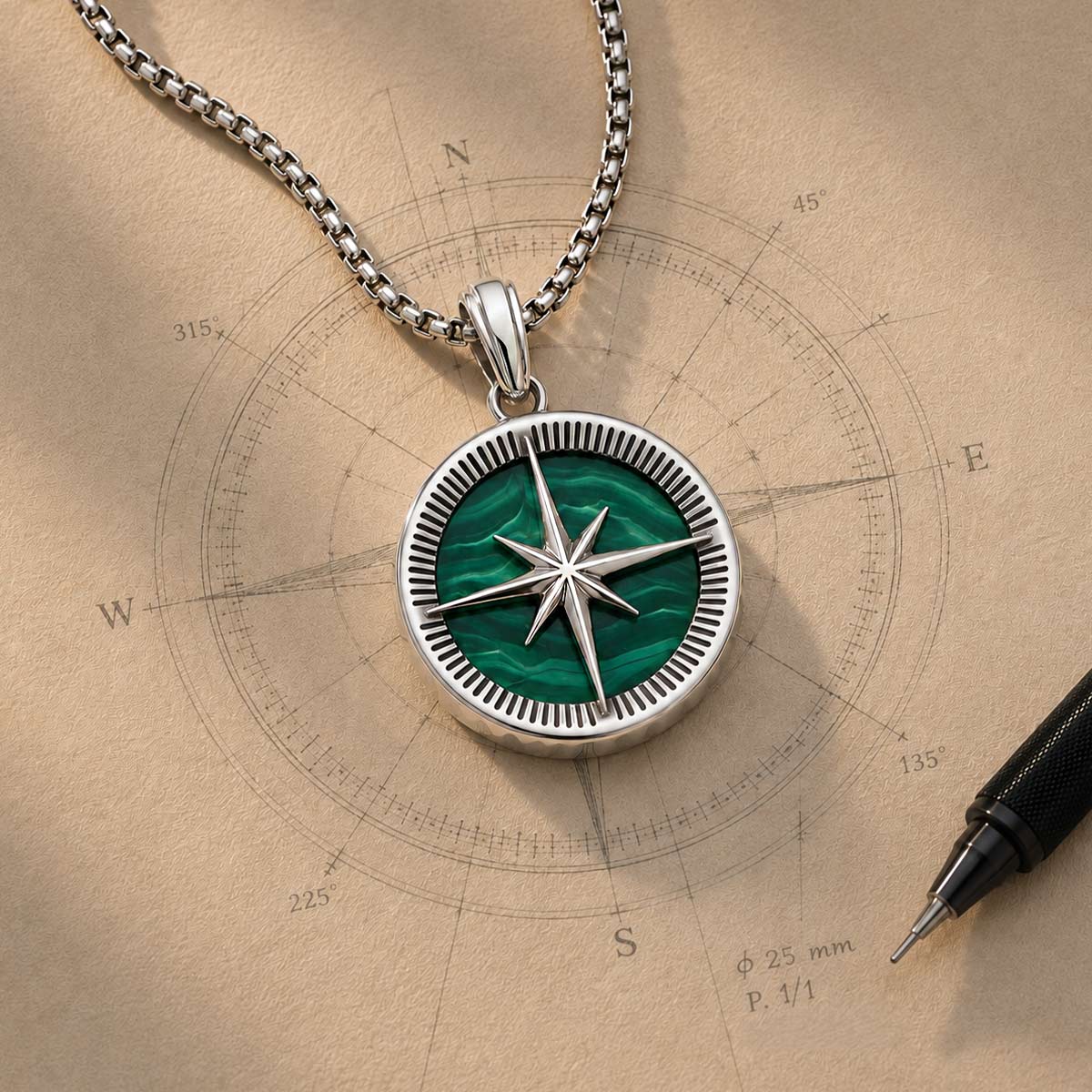 Safar - Sterling Silver Malachite Compass Pendant - NineTwoFive