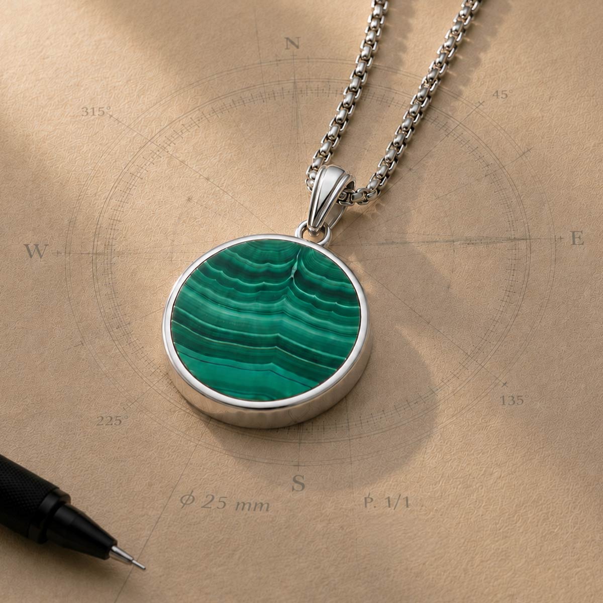 Safar - Sterling Silver Malachite Compass Pendant - NineTwoFive