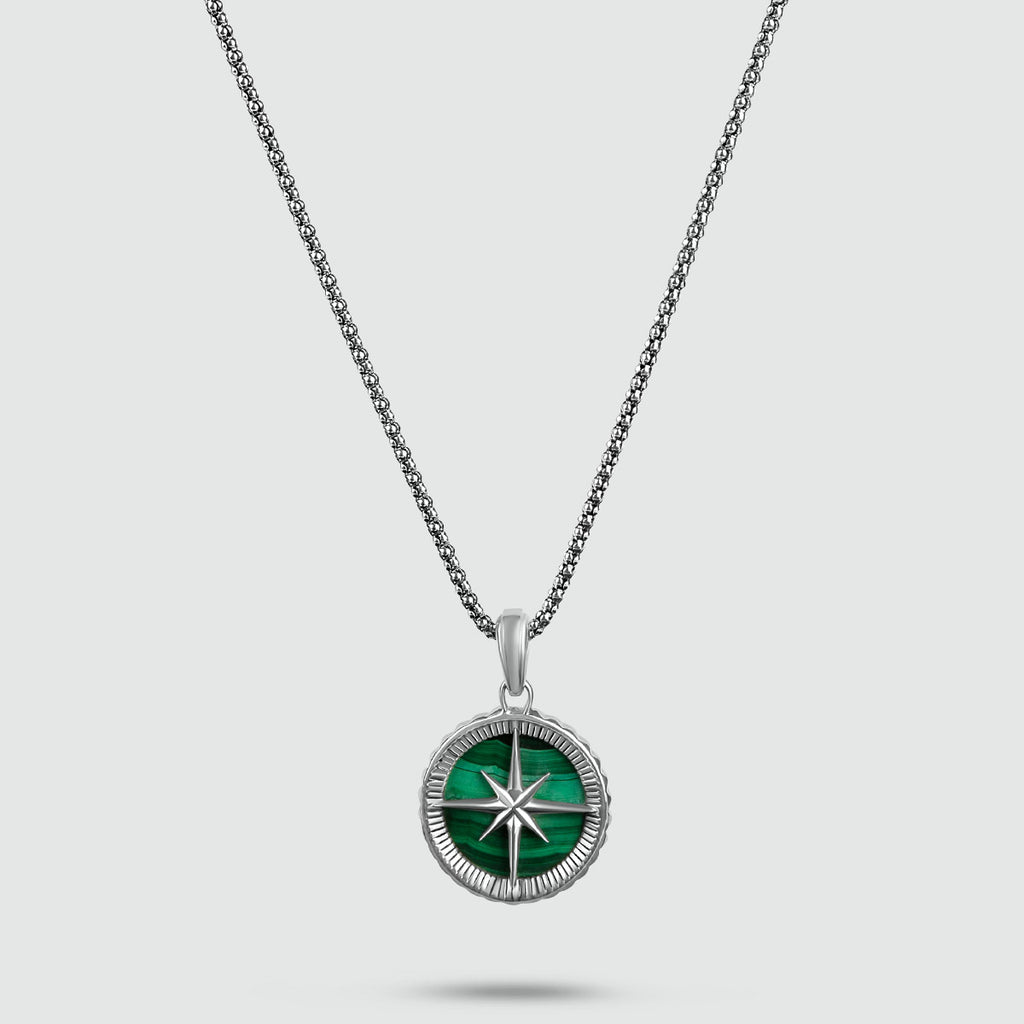 A Safar - Sterling Silver Malachite Compass Pendant for men necklace with an emerald stone.