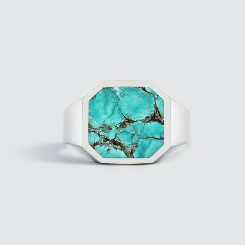 Front view of Nuri mens ring, showcasing the turquoise stone designed by Ninetwofive.