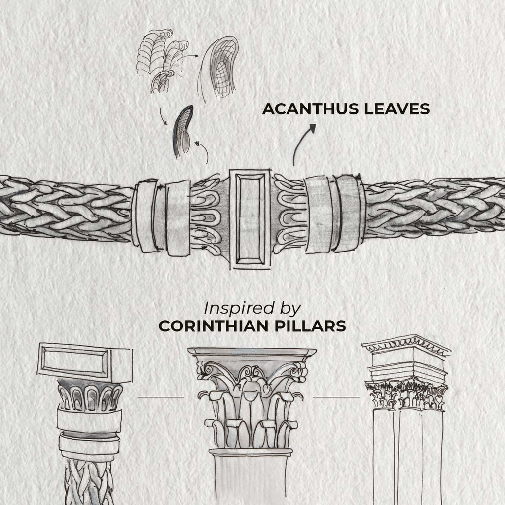 A drawing of a column adorned with acorns and leaves.