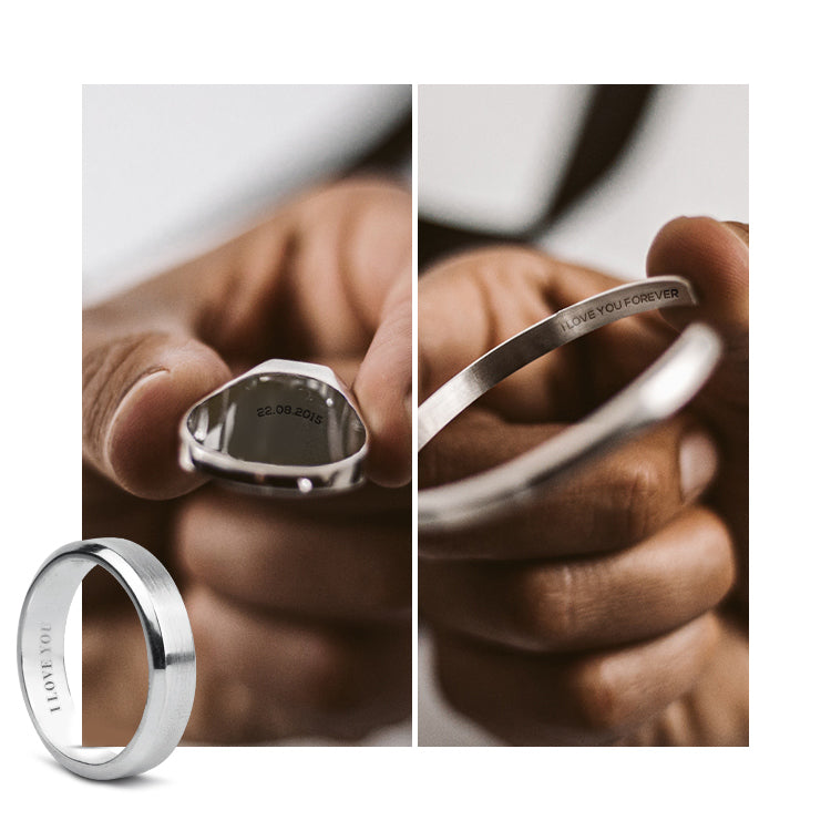 Man wearing mens silver rings and bangle for personalised jewellery from Ninetwofive. 