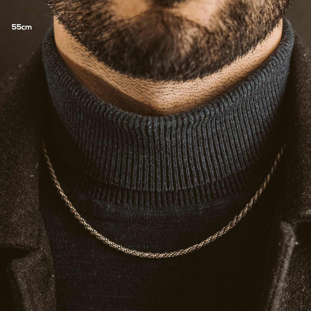 A close up of a man's neck with a necklace is shown.