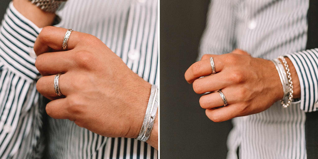 Twee foto's van een man met een zilveren ring en een shirt.