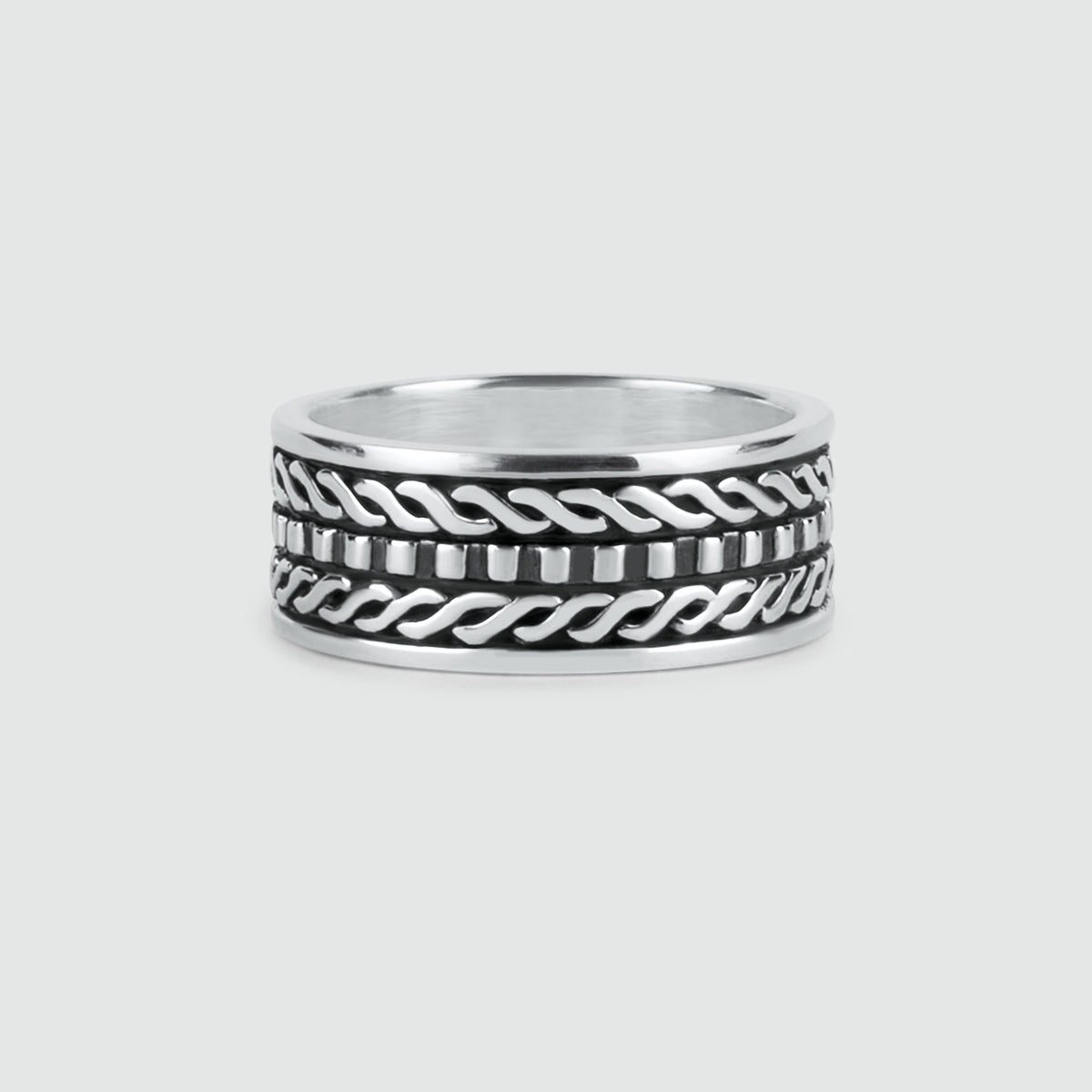 A Fariq - Bague en argent sterling oxydé de 10 mm avec des motifs noirs et blancs.