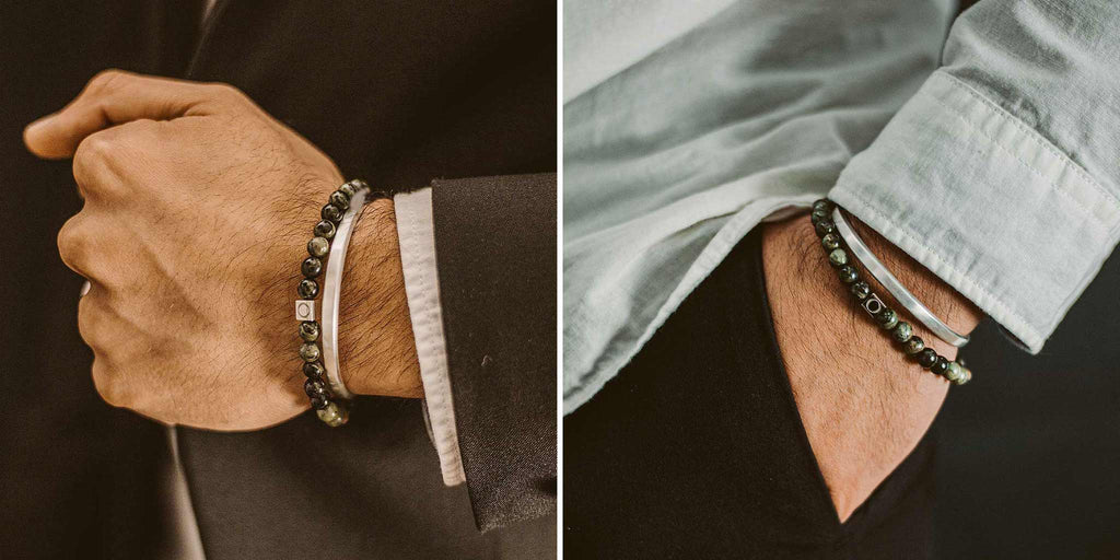 Zwei Bilder eines Mannes, der ein Armband trägt.