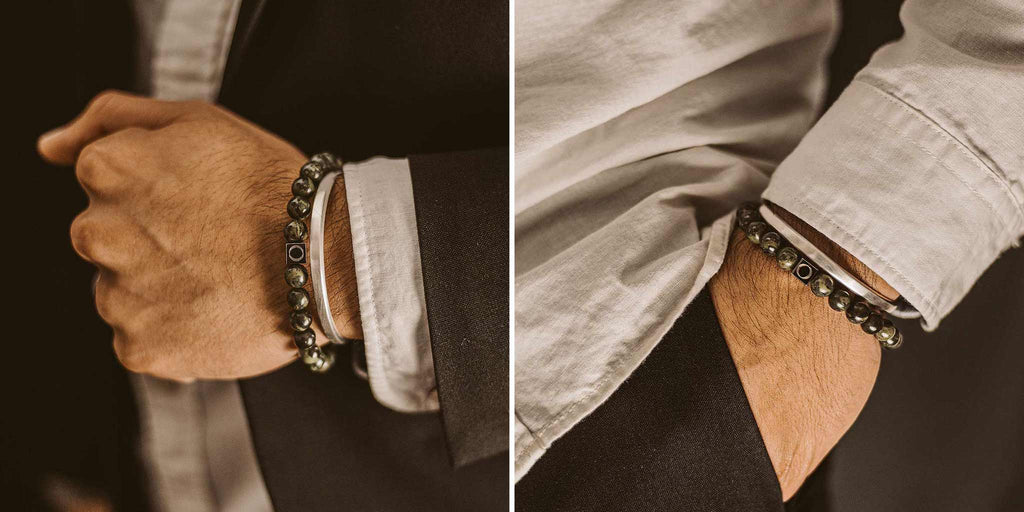 Two pictures of a man wearing different bracelets, showcasing his unique style.