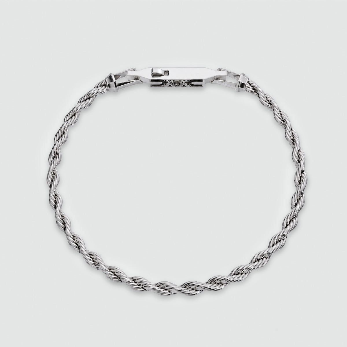 Top view of the oxidised quatrefoil clasp on the Munir rope bracelet