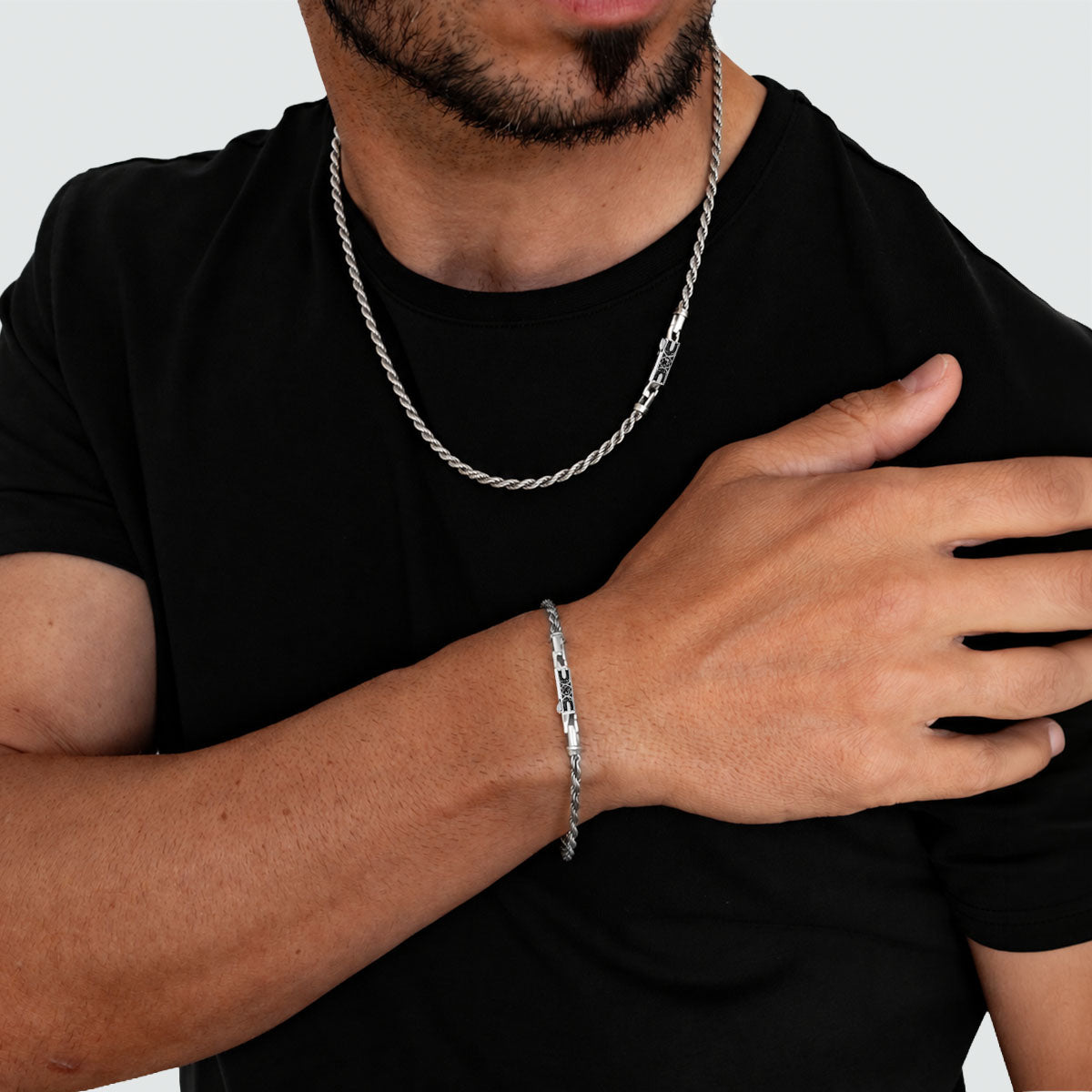 Munir sterling silver rope chain and matching rope bracelet together
