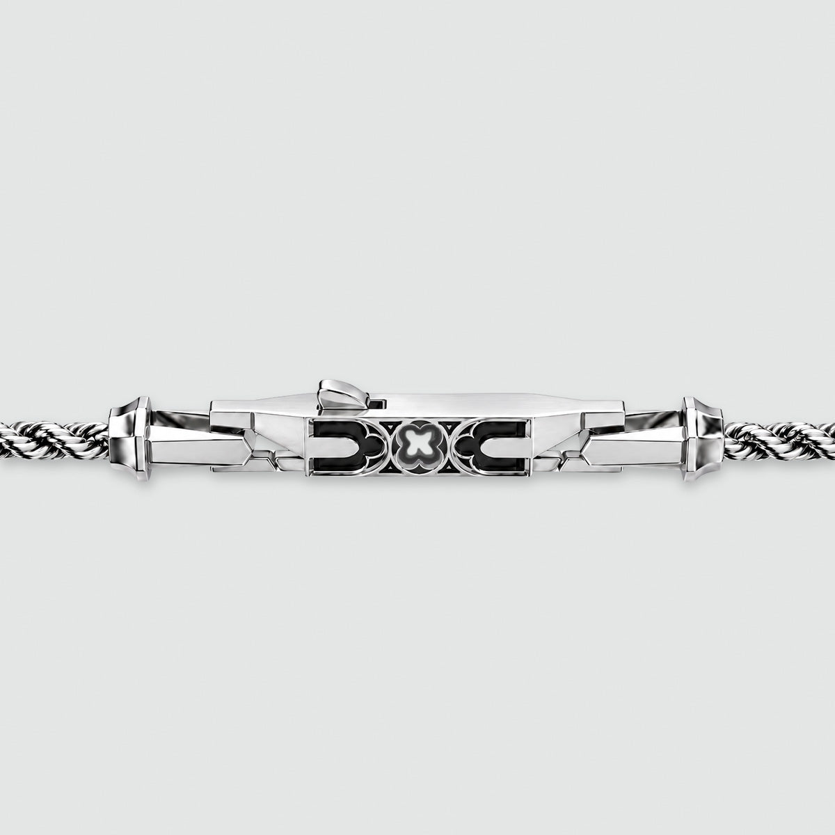 Close-up of the oxidised Gothic quatrefoil clasp on the Munir rope chain