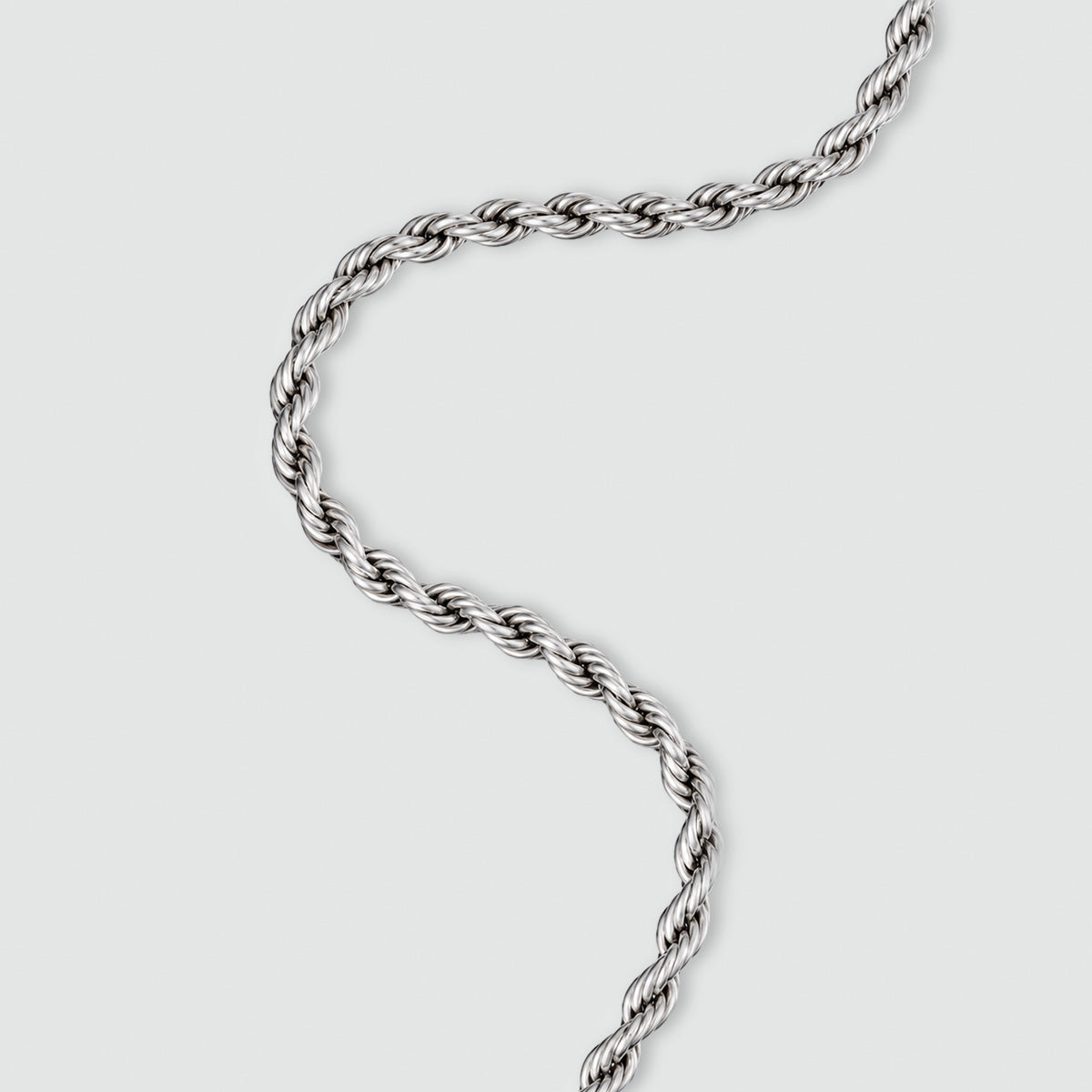 Close-up of the twisted links of the Munir sterling silver rope chain