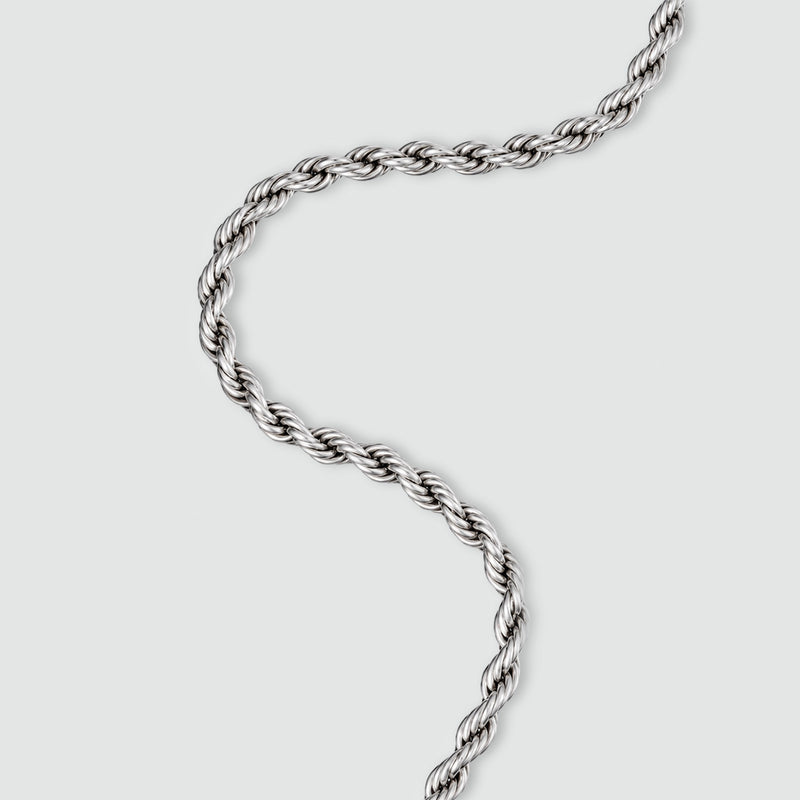 Close-up of the twisted links of the Munir sterling silver rope chain
