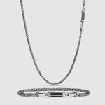 Vooraanzicht van Nadir zilveren touwketting en herenarmband van Ninetwofive