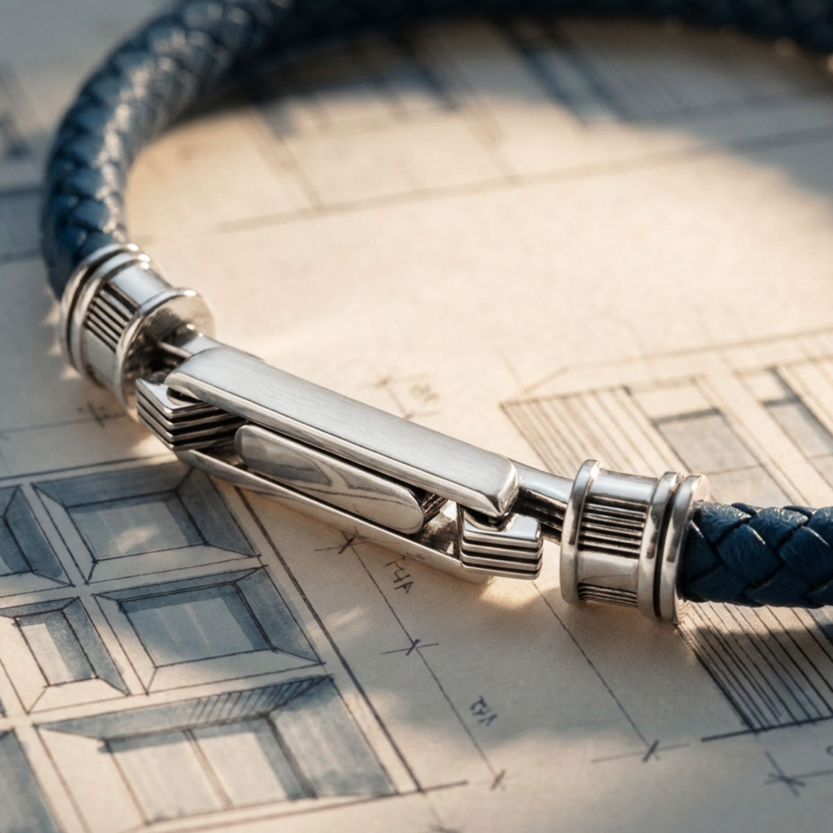 Razin – Geflochtenes Armband aus marineblauem Leder mit 5,5 mm breiten Elementen aus Sterlingsilber
