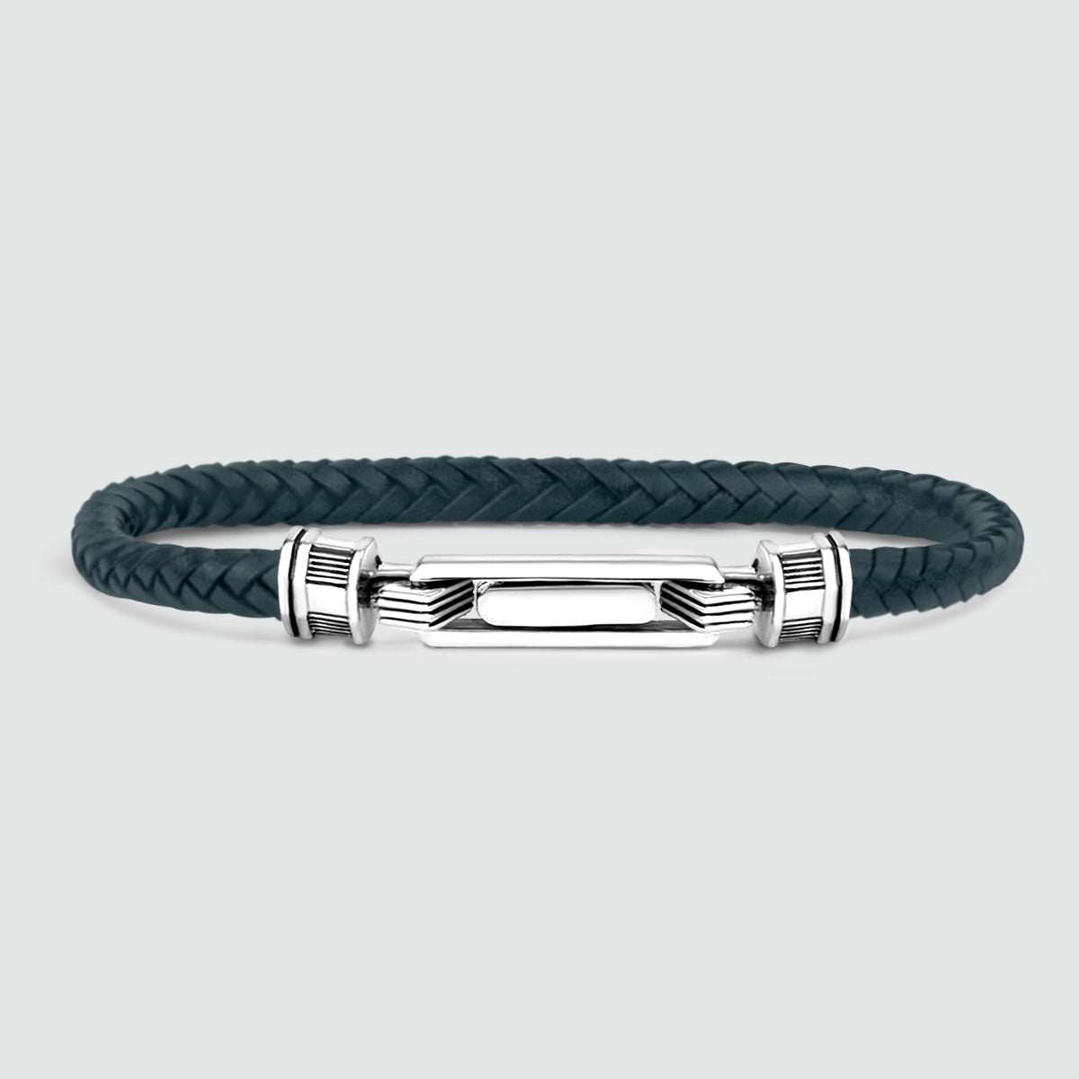 Razin - Braided Navy Blue Leather Bracelet with Sterling Silver 5.5mm - Front View - NineTwoFive